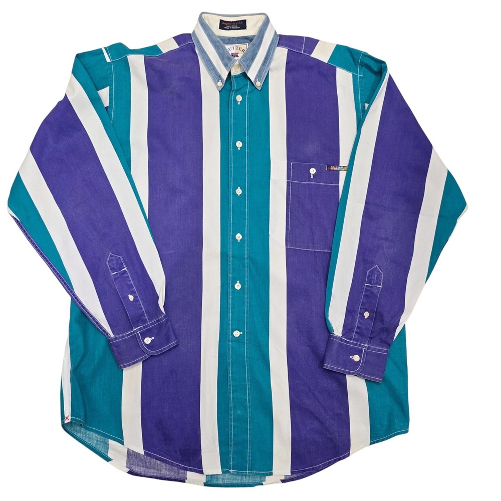 Vtg 90s Cutter & Buck Mens M Purple Teal Color Block Stripe Button Down Shirt